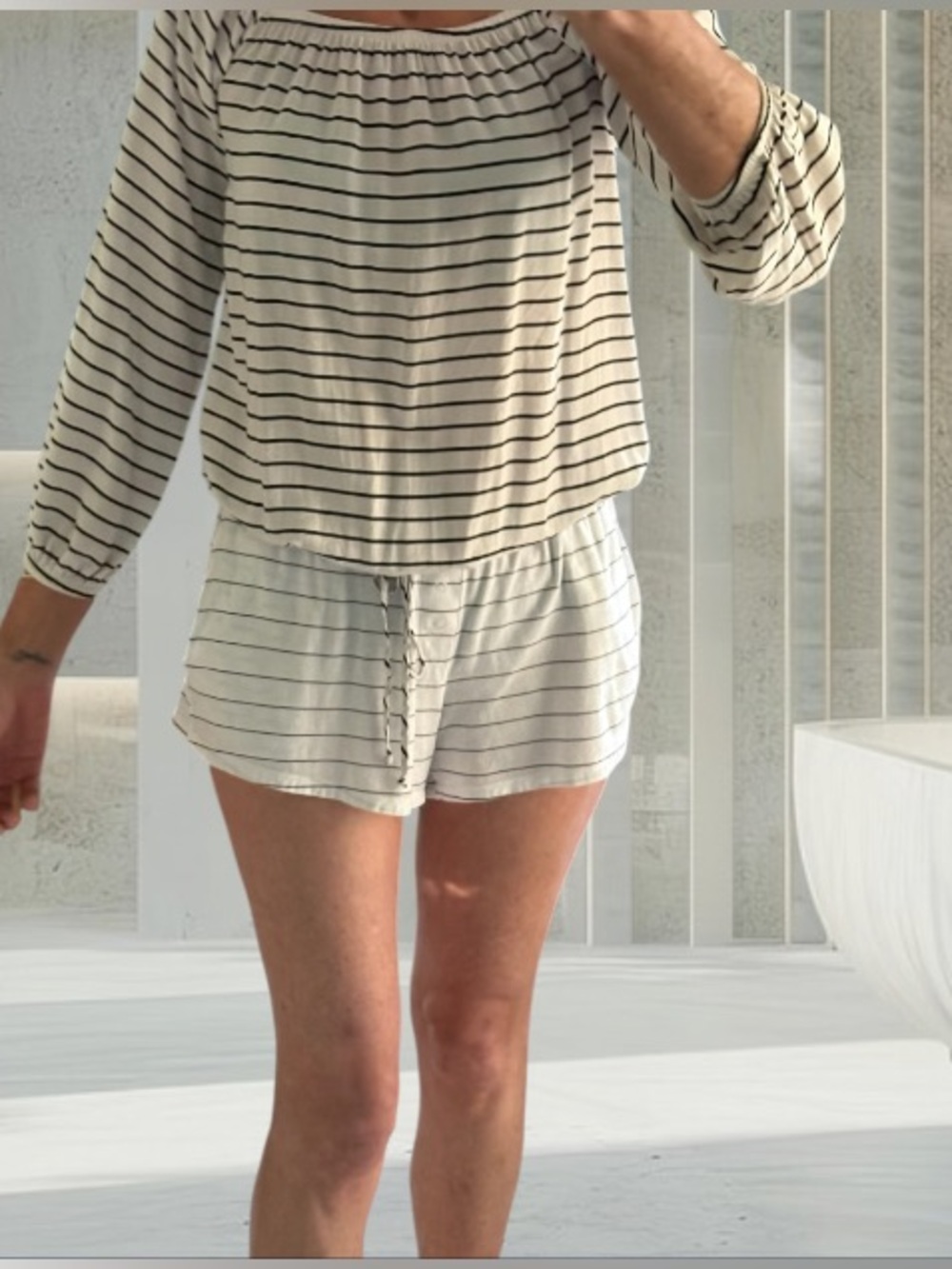 Resort lounge two piece short set with long sleeve drawstring top